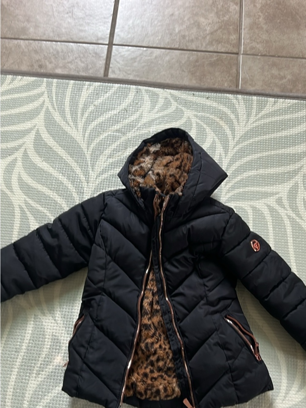 Kensie Girl Black Puffer Jacket with Leopard Faux-Fur Lining